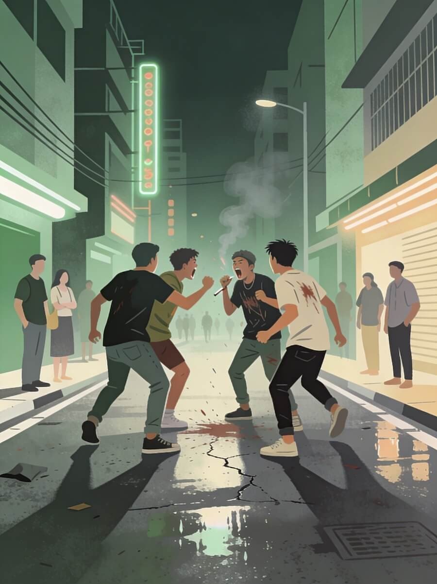 Young men fight in the middle of a neon lit city street as bystanders watch across the crowd